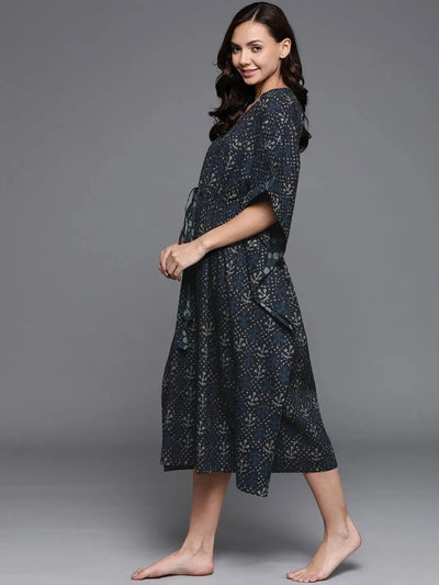 Blue Printed Cotton Nightdress - Libas