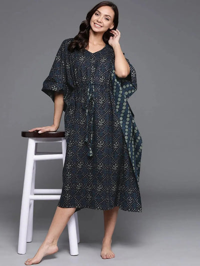 Blue Printed Cotton Nightdress - Libas