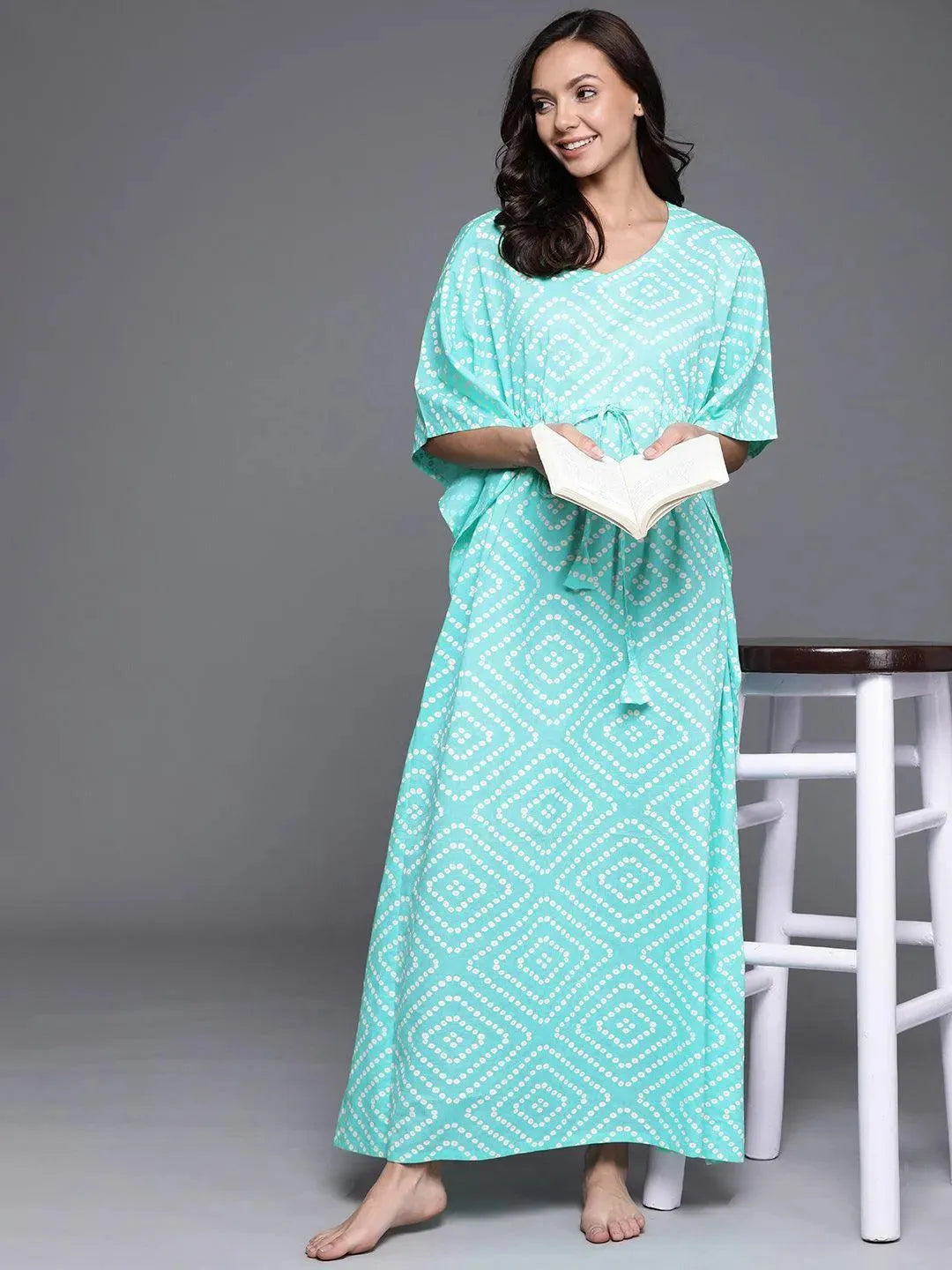 Blue Printed Cotton Nightdress - Libas 