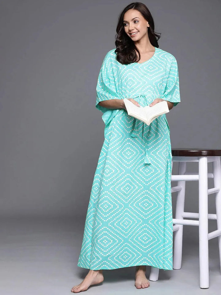 Blue Printed Cotton Nightdress - Libas