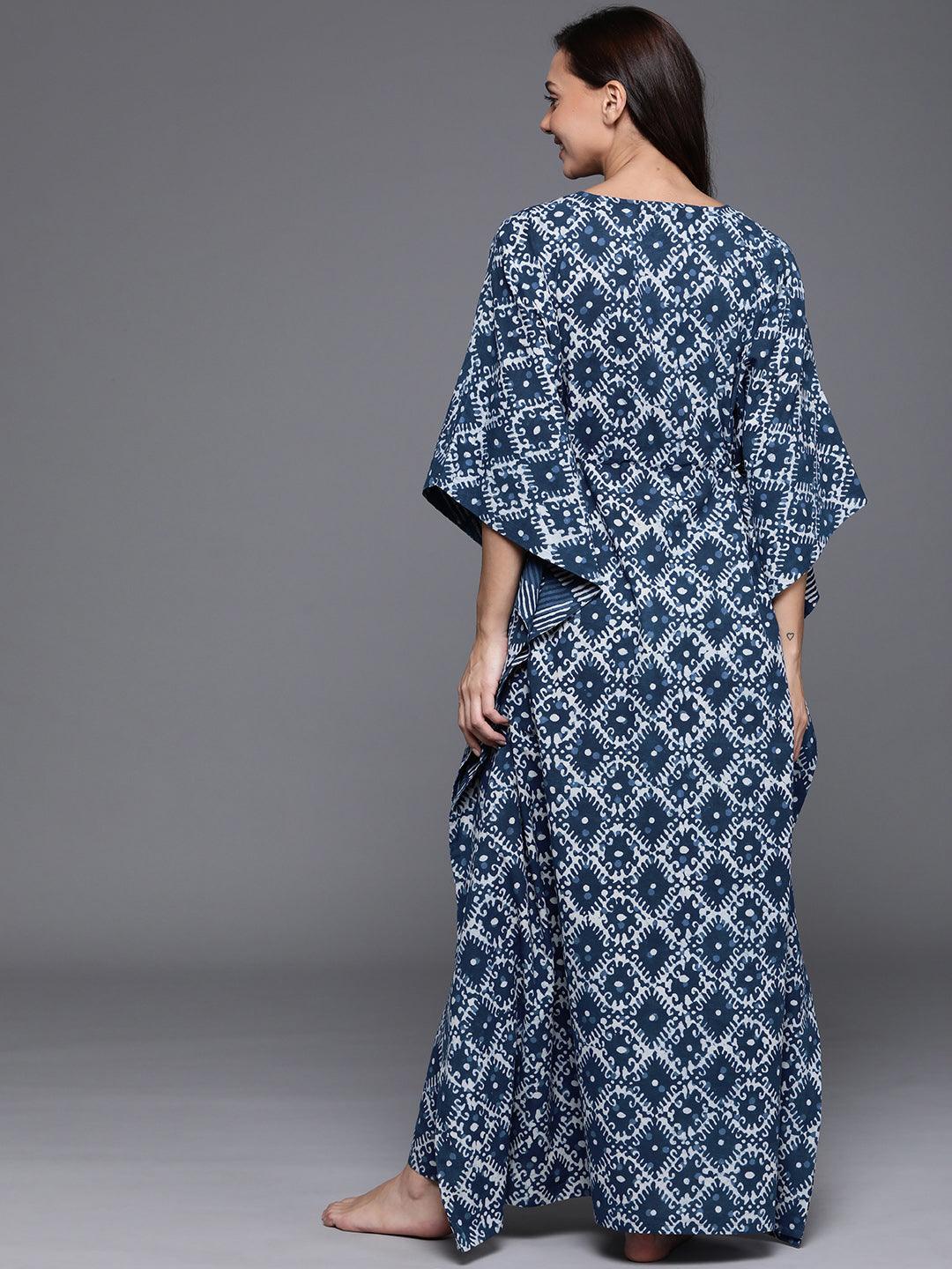 Blue Printed Cotton Nightdress - Libas