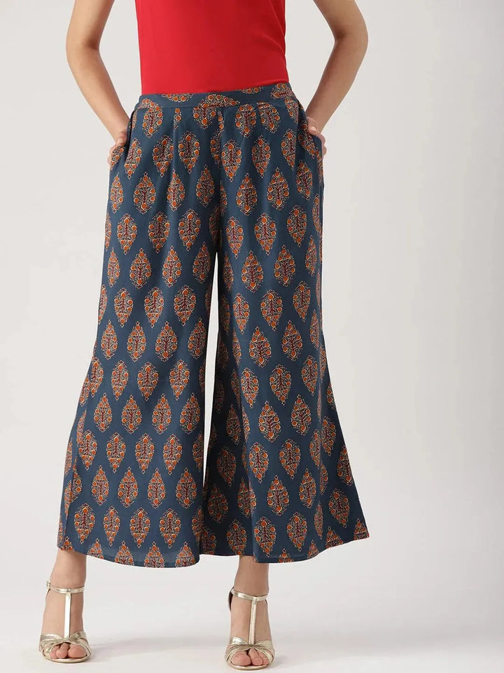 Blue Printed Cotton Palazzos - Libas