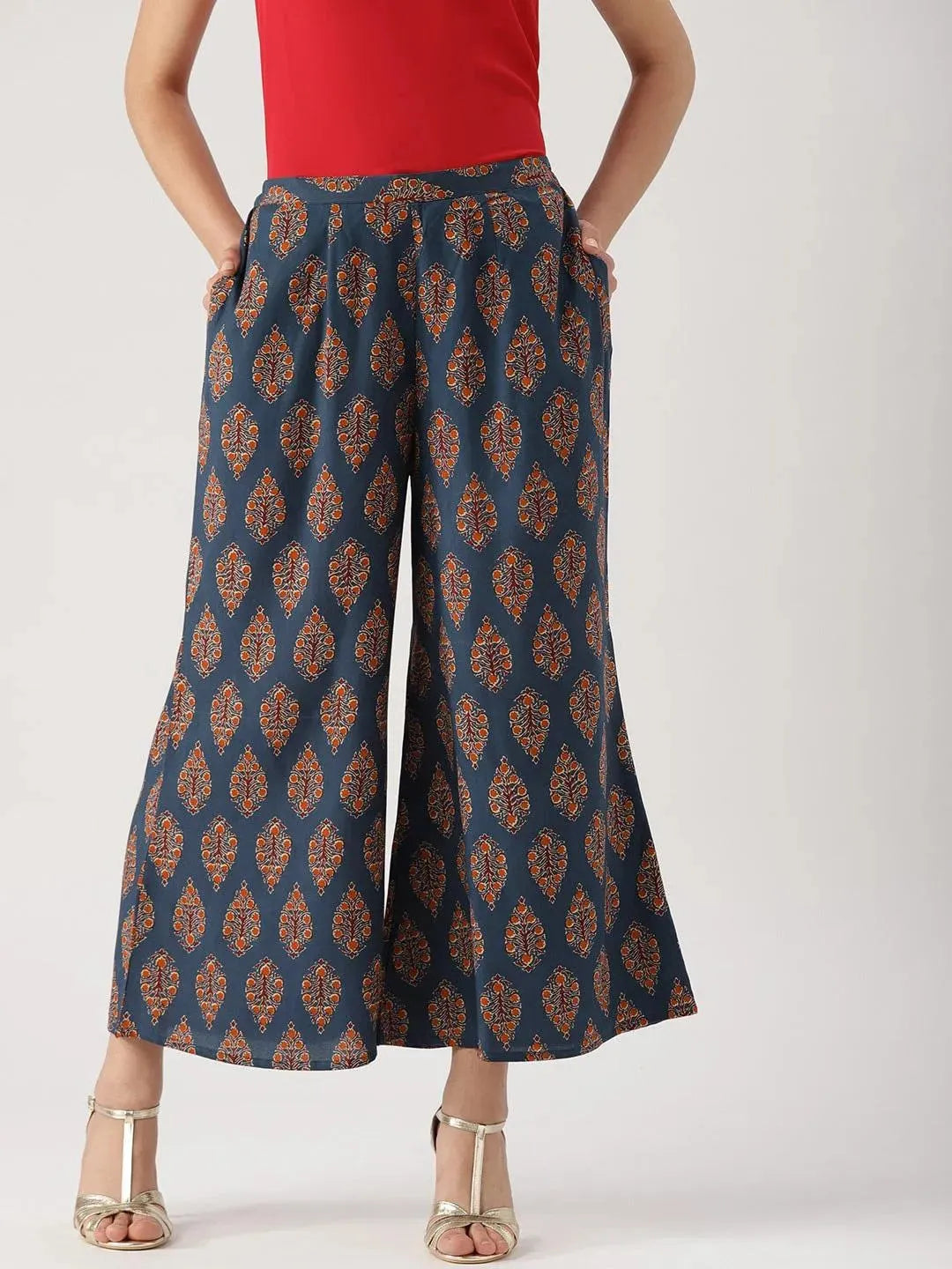 Blue Printed Cotton Palazzos - Libas