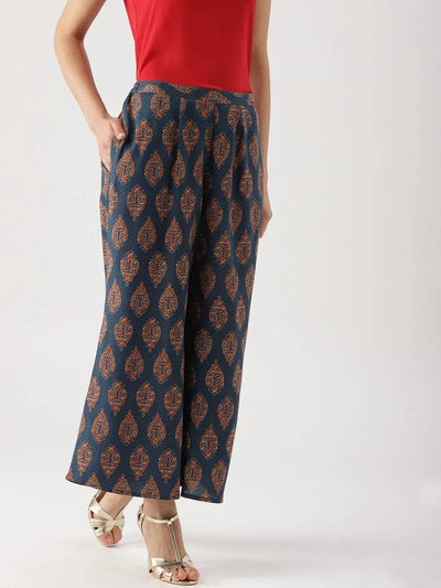 Blue Printed Cotton Palazzos - Libas