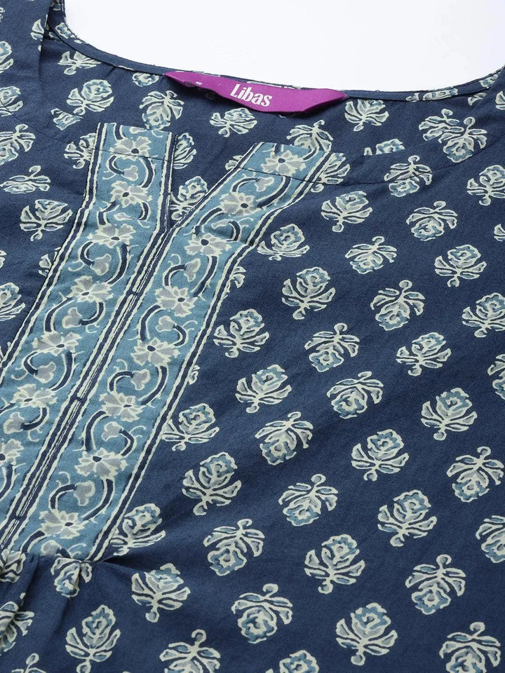 Blue Printed Cotton Pathani Kurti - Libas