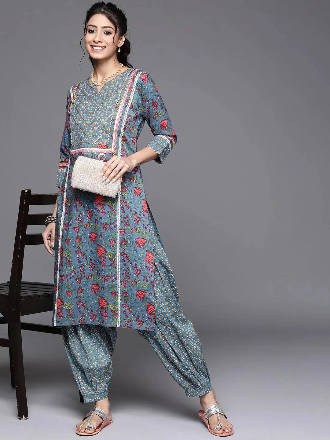 Blue Printed Cotton Salwar Pants - Libas 