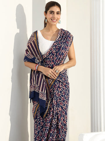 Blue Geometric Dabu Print Cotton Saree