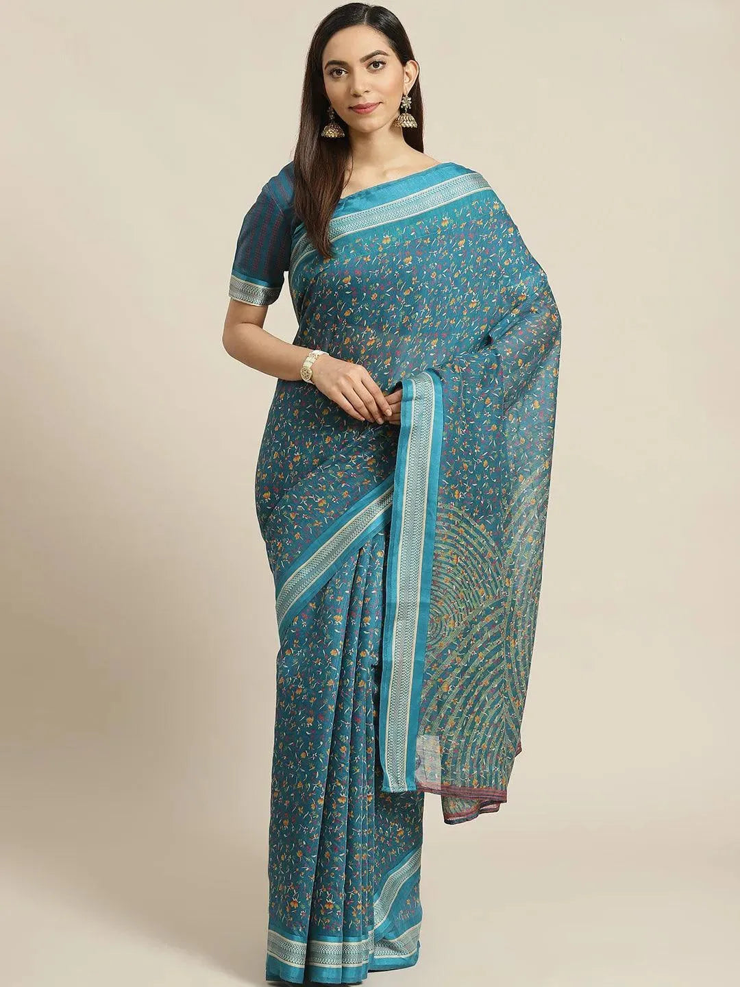 Blue Printed Cotton Saree - Libas