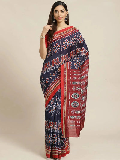 Blue Printed Cotton Saree - Libas