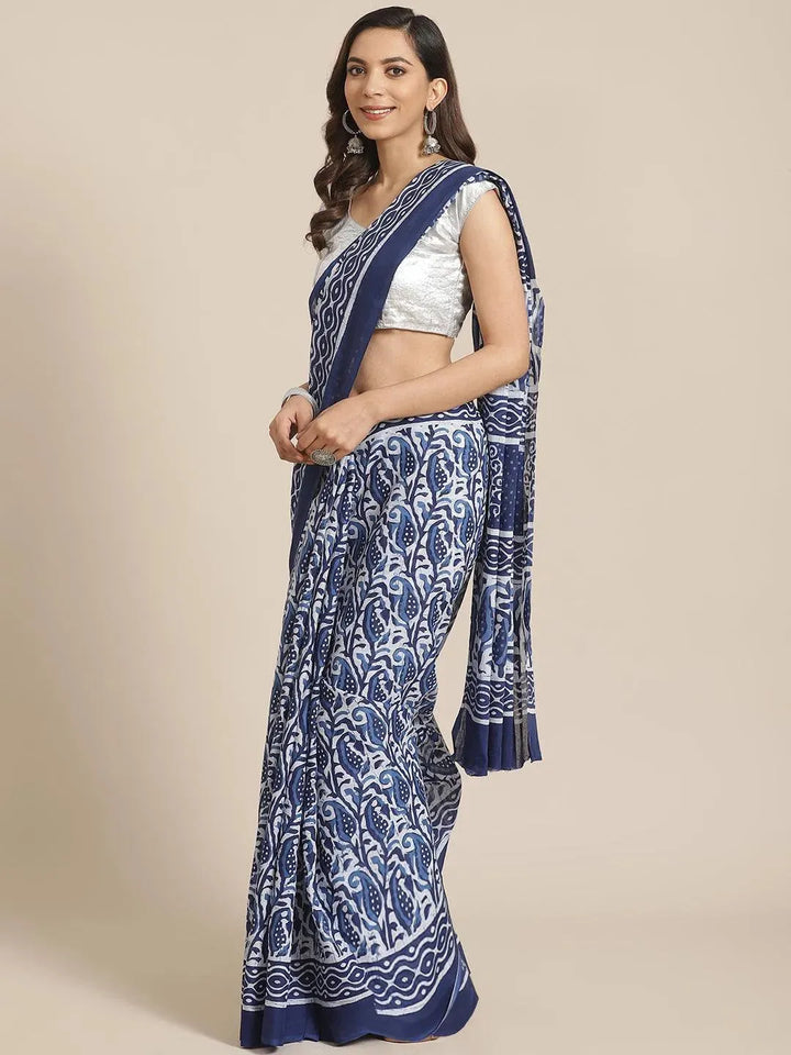 Blue Printed Cotton Saree - Libas