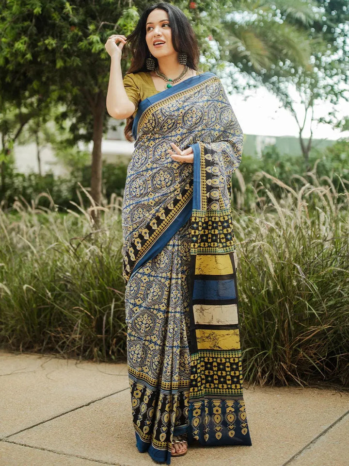 Blue Printed Cotton Saree - Libas