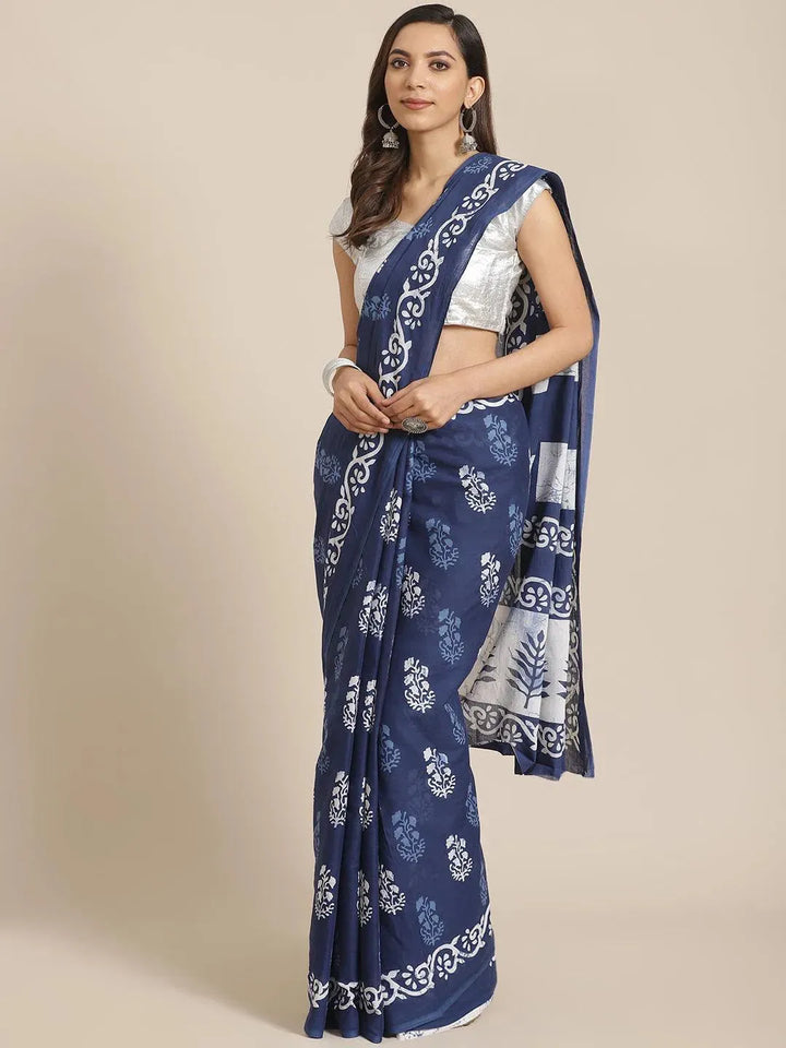 Blue Printed Cotton Saree - Libas