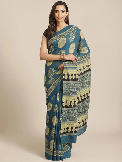 Blue Printed Cotton Saree - Libas