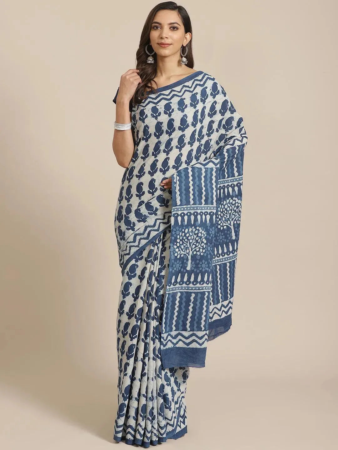 Blue Printed Cotton Saree - Libas