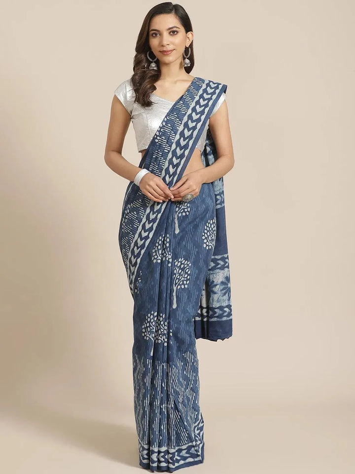 Blue Printed Cotton Saree - Libas