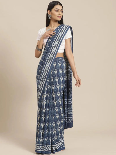 Blue Printed Cotton Saree - Libas