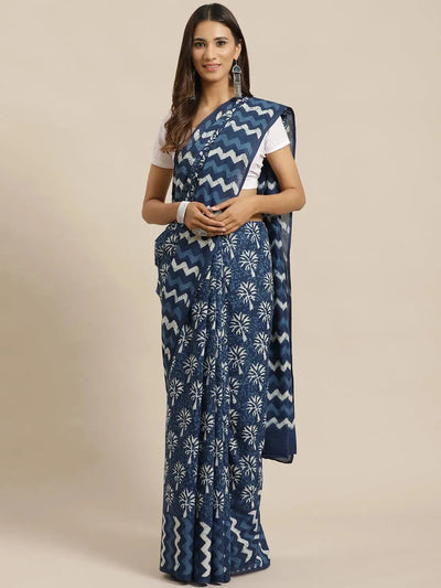 Blue Printed Cotton Saree - Libas