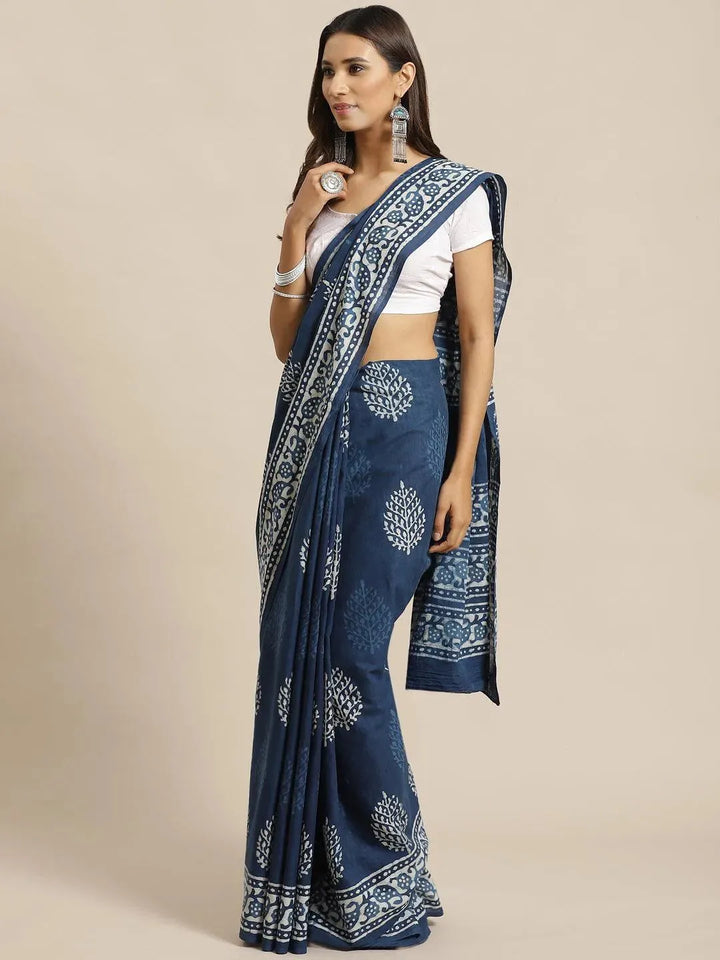 Blue Printed Cotton Saree - Libas