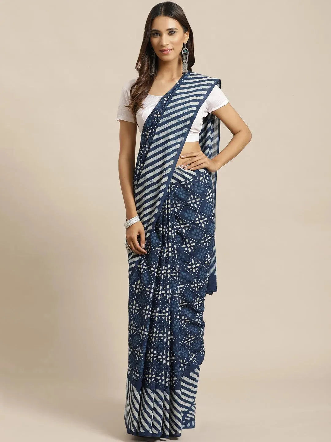 Blue Printed Cotton Saree - Libas