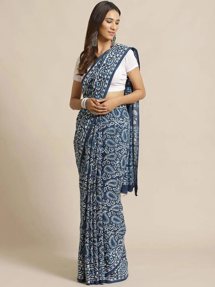 Blue Printed Cotton Saree - Libas