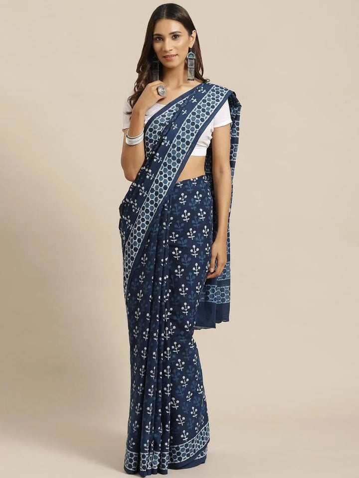 Blue Printed Cotton Saree - Libas