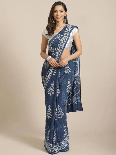 Blue Printed Cotton Saree - Libas