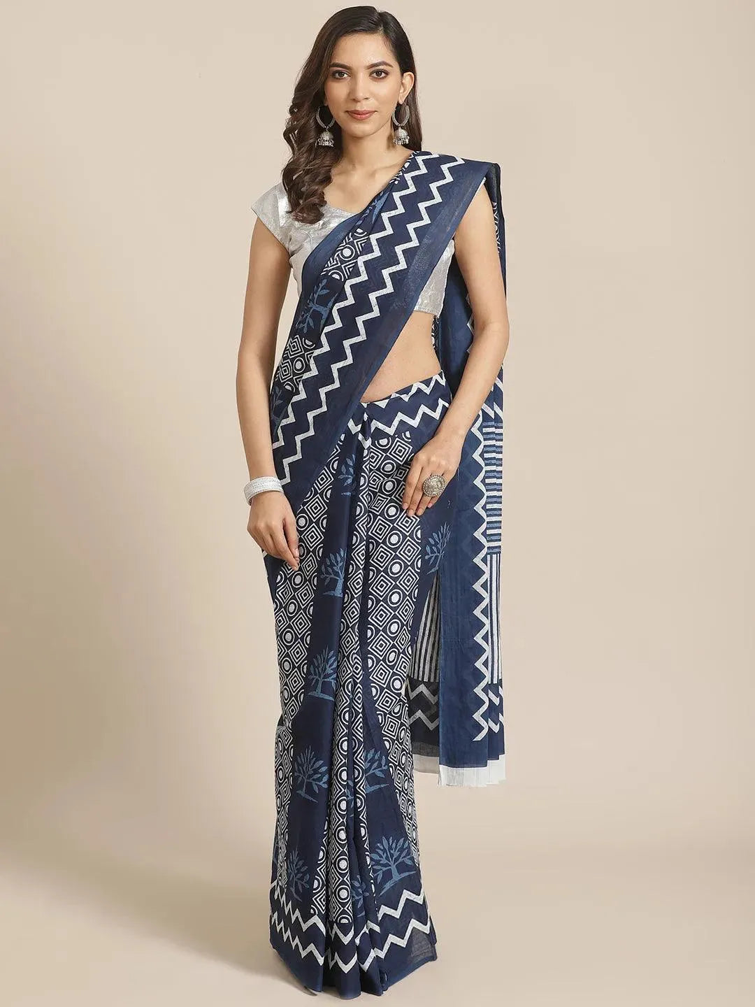 Blue Printed Cotton Saree - Libas