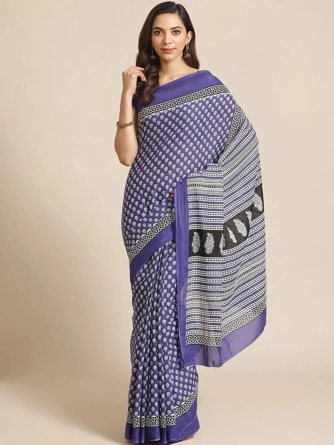 Blue Printed Cotton Saree - Libas