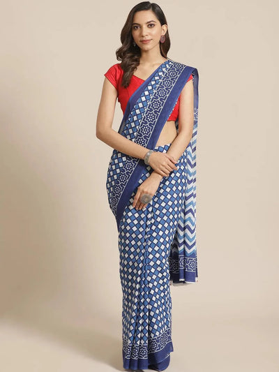 Blue Printed Cotton Saree - Libas