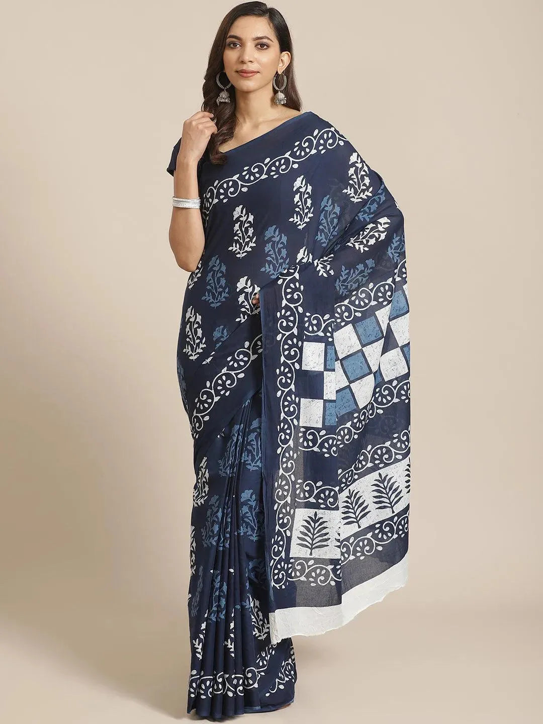 Blue Printed Cotton Saree - Libas