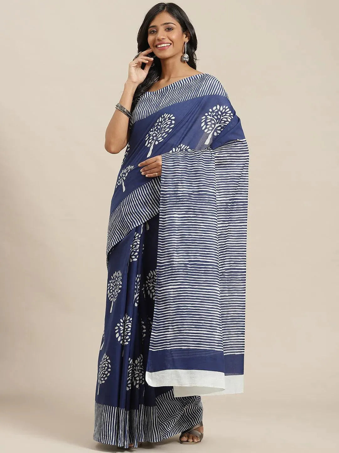 Blue Printed Cotton Saree - Libas