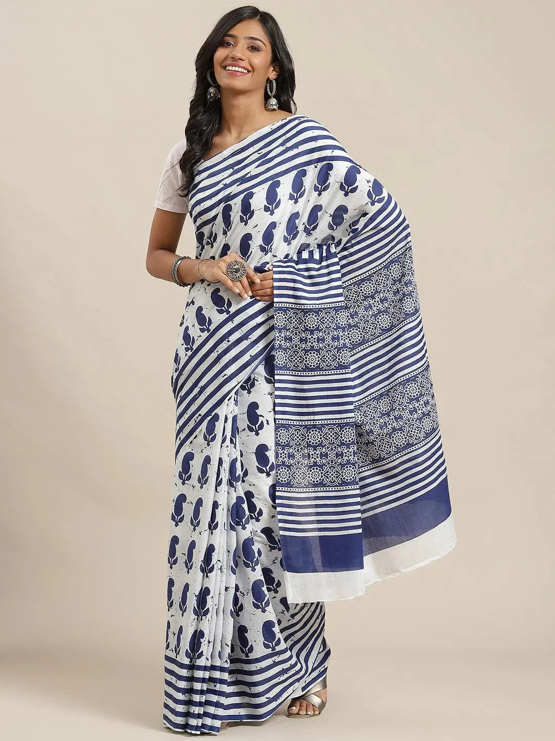 Blue Printed Cotton Saree - Libas