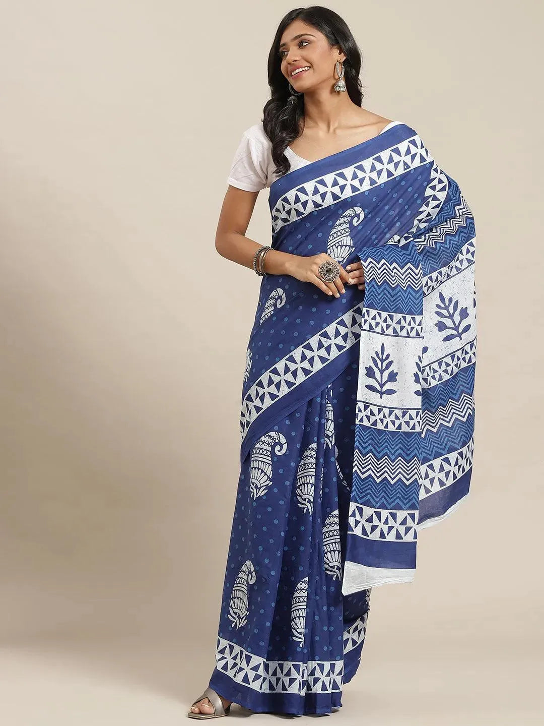 Blue Printed Cotton Saree - Libas