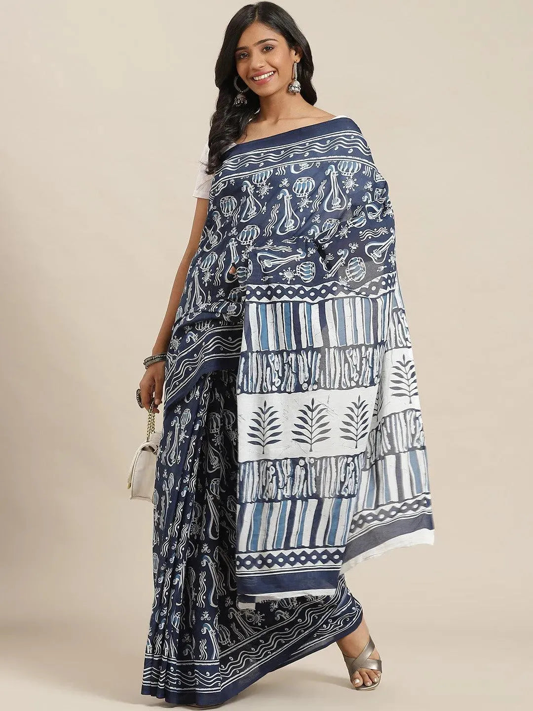 Blue Printed Cotton Saree - Libas