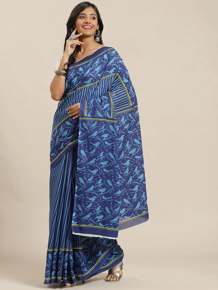 Blue Printed Cotton Saree - Libas