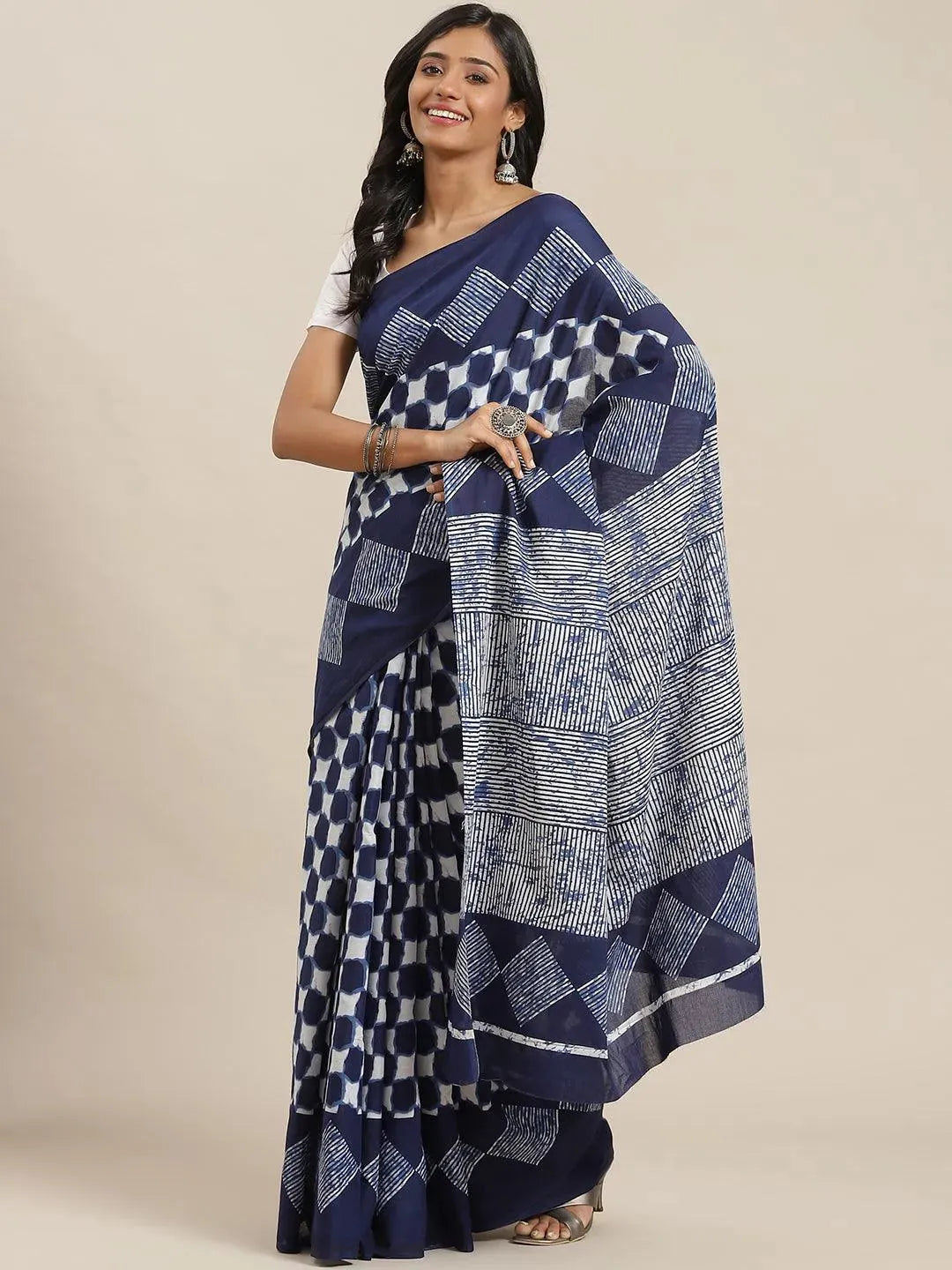 Blue Printed Cotton Saree - Libas