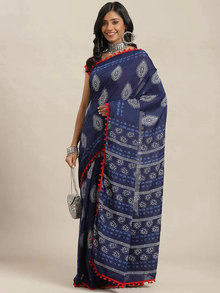 Blue Printed Cotton Saree - Libas