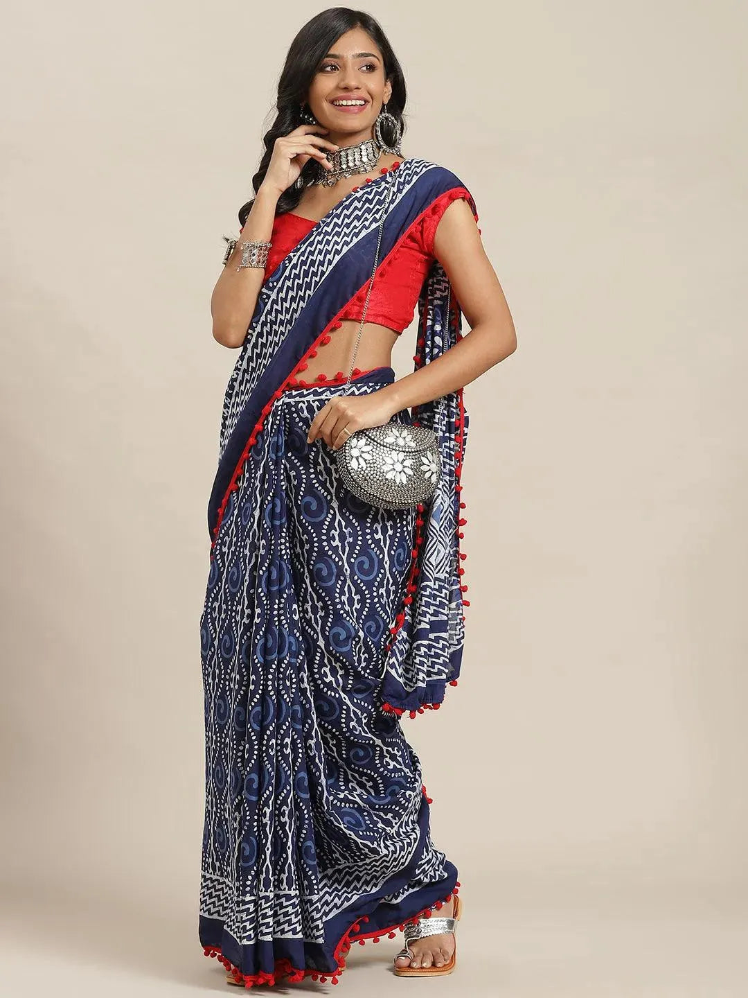 Blue Printed Cotton Saree - Libas