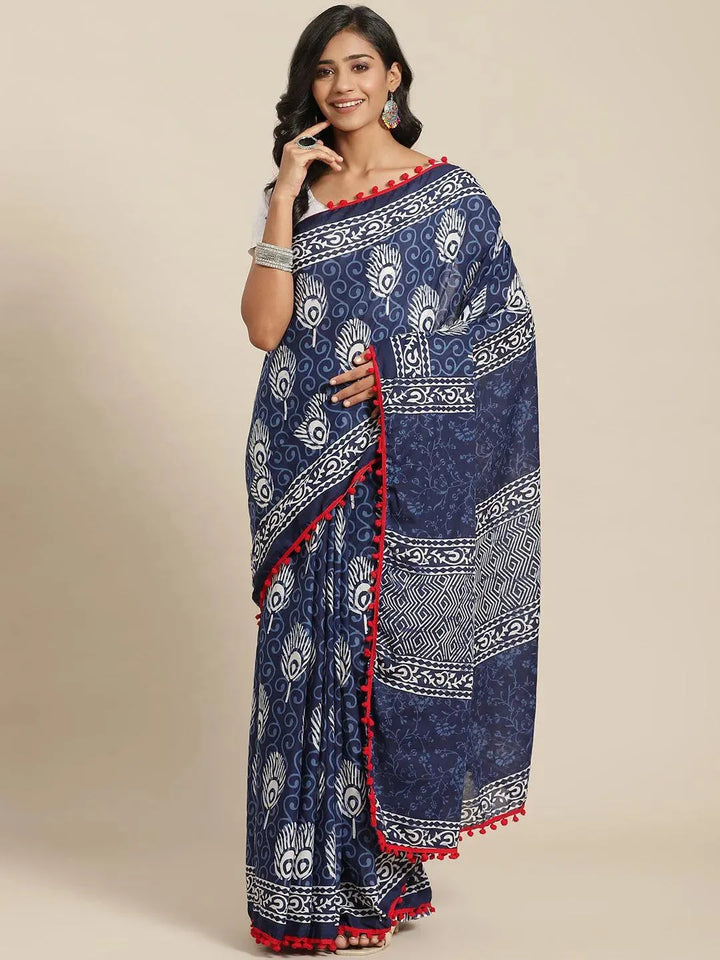 Blue Printed Cotton Saree - Libas