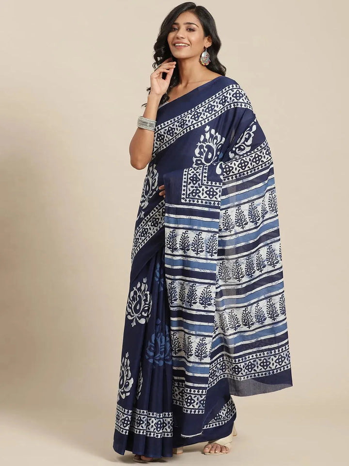 Blue Printed Cotton Saree - Libas