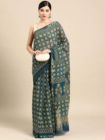 Blue Printed Cotton Saree - Libas