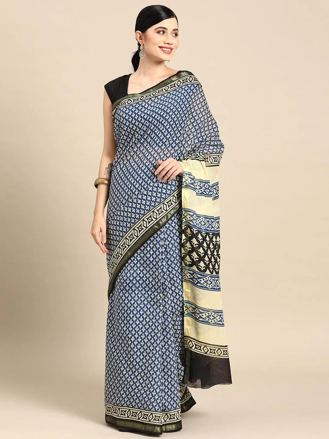 Blue Printed Cotton Saree - Libas 
