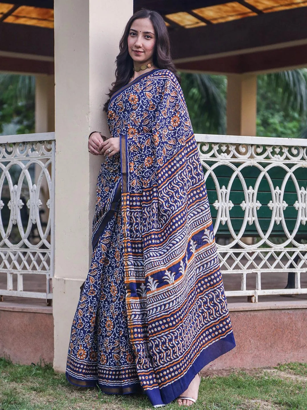 Blue Printed Cotton Saree - Libas 