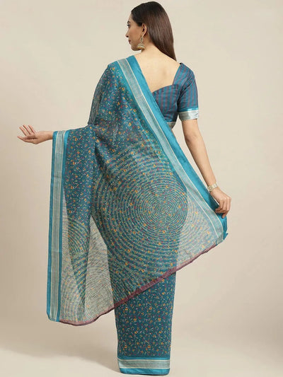 Blue Printed Cotton Saree - Libas