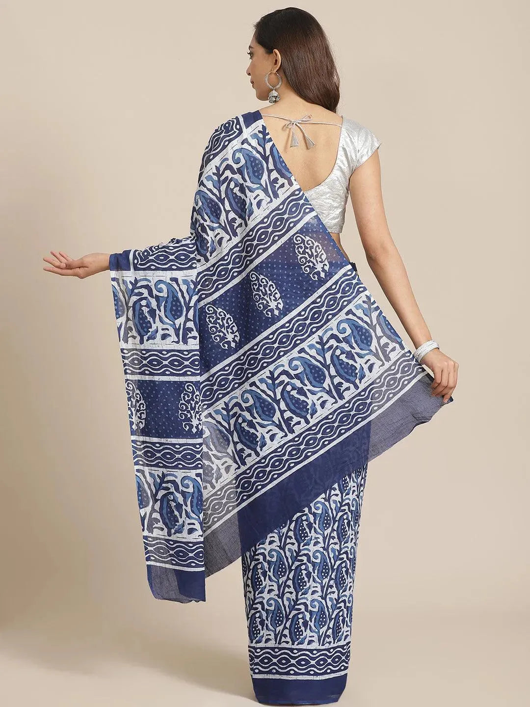 Blue Printed Cotton Saree - Libas