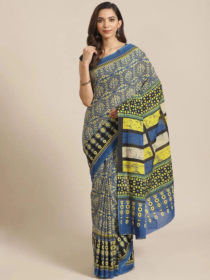 Blue Printed Cotton Saree - Libas