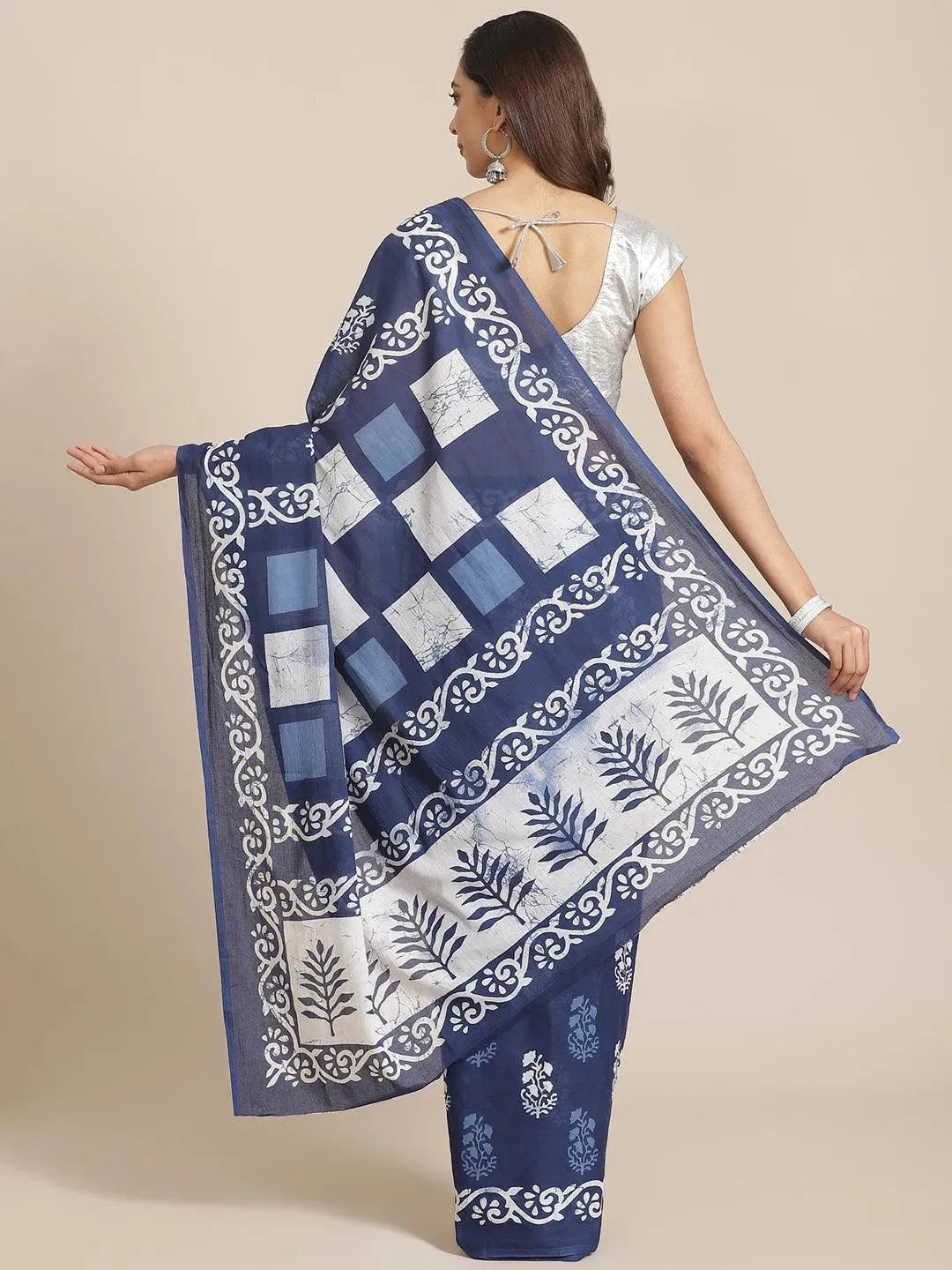 Blue Printed Cotton Saree - Libas