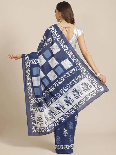 Blue Printed Cotton Saree - Libas