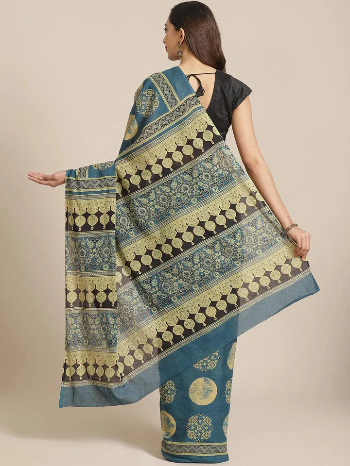 Blue Printed Cotton Saree - Libas