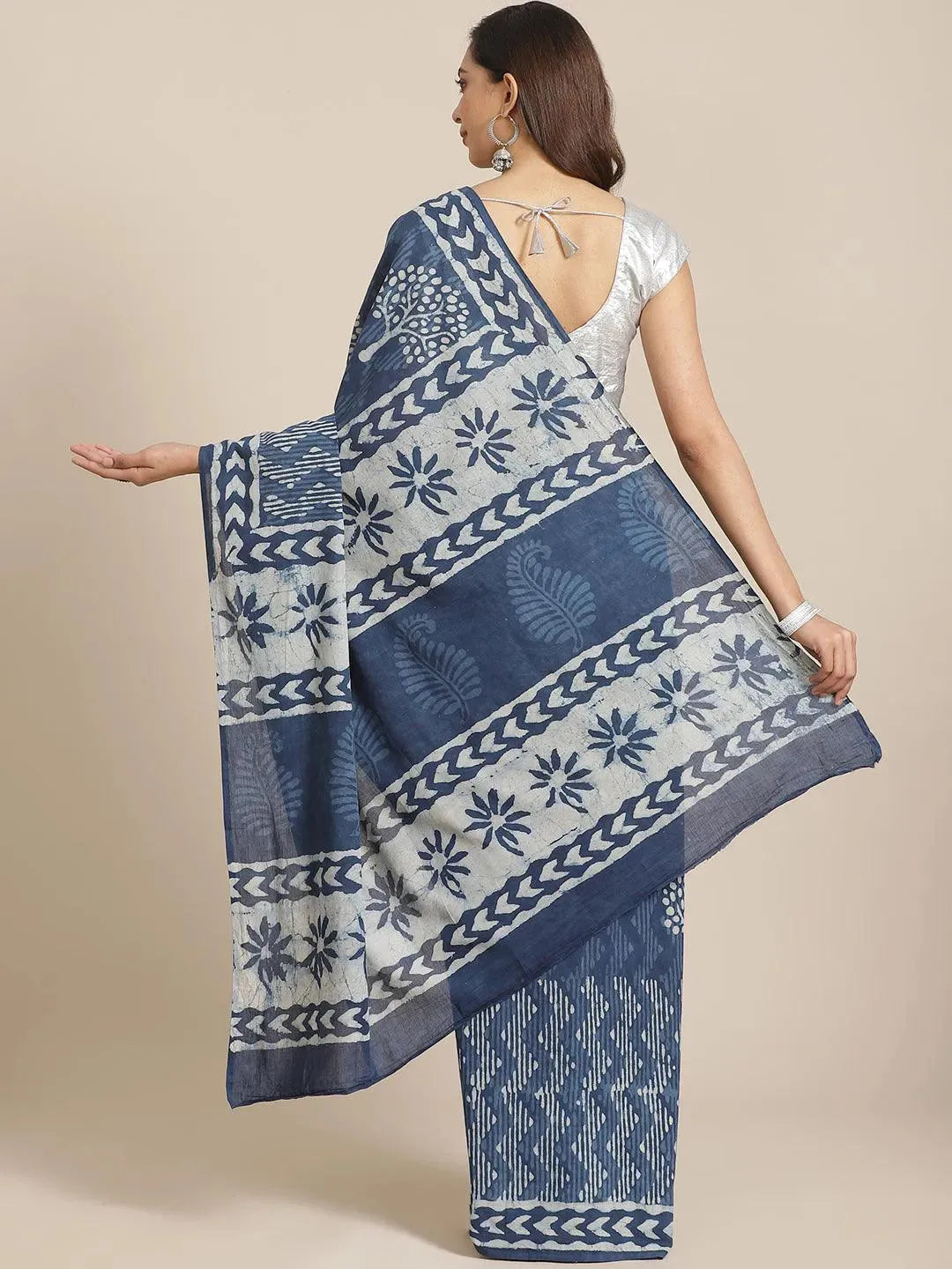 Blue Printed Cotton Saree - Libas